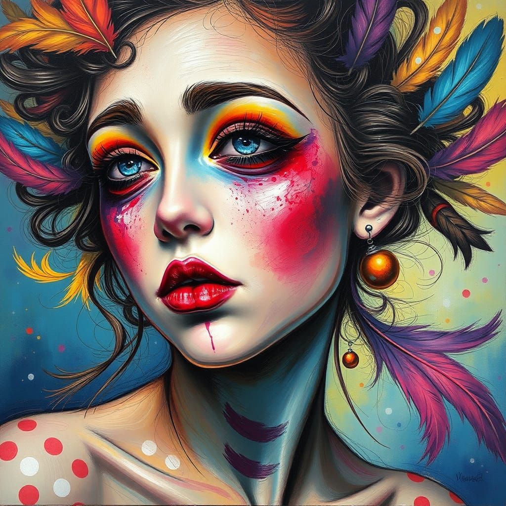 a female with her makeup smeared, feathers and poke dots swi...