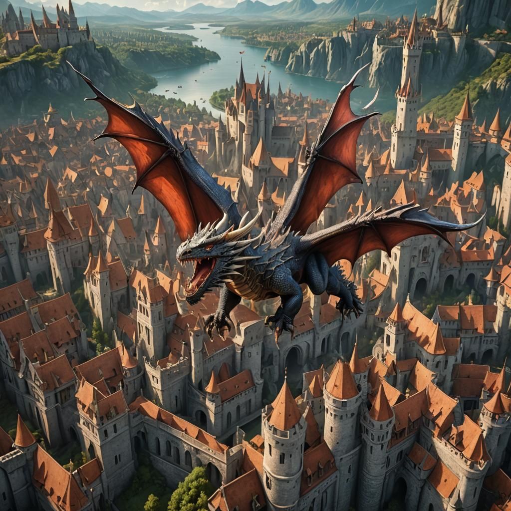 Majestic Dragon Soaring Over Medieval Kingdom
