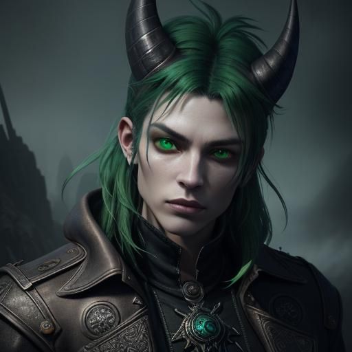 Green Horned Man Holding Flowers: Fantasy Art