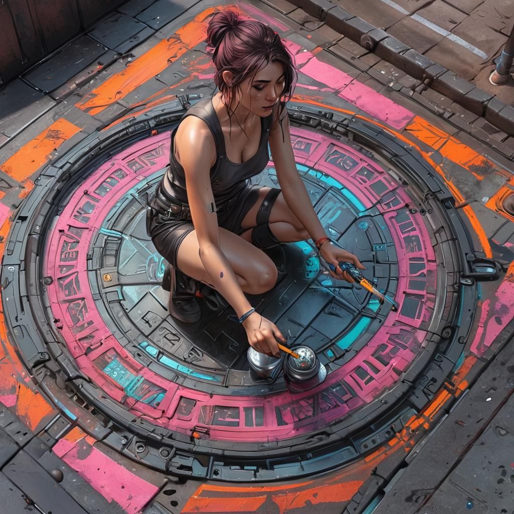 Woman Paints Manhole Cover in Cyberpunk Street