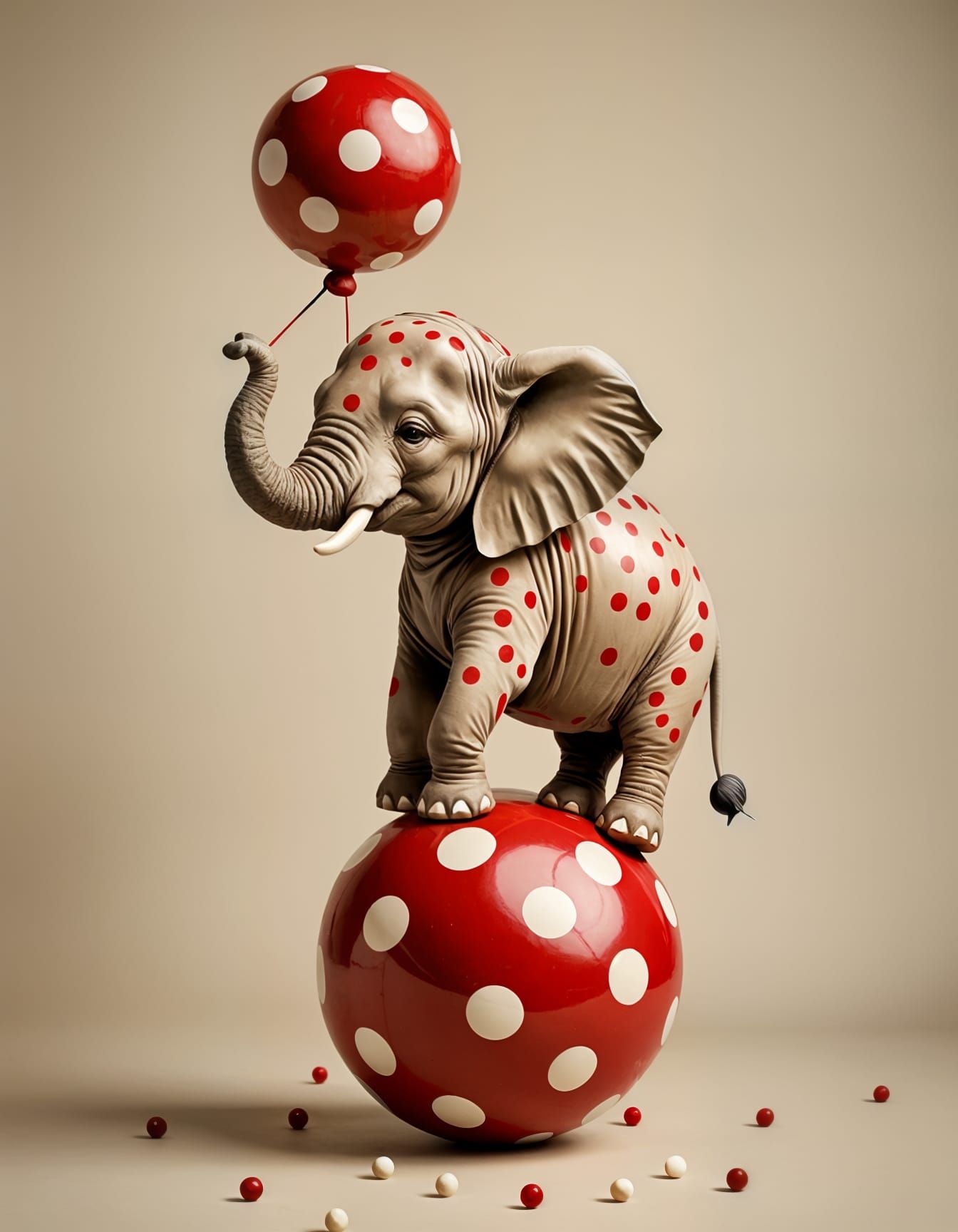 Circus Elephant Balancing on Red Polka Dot Ball
