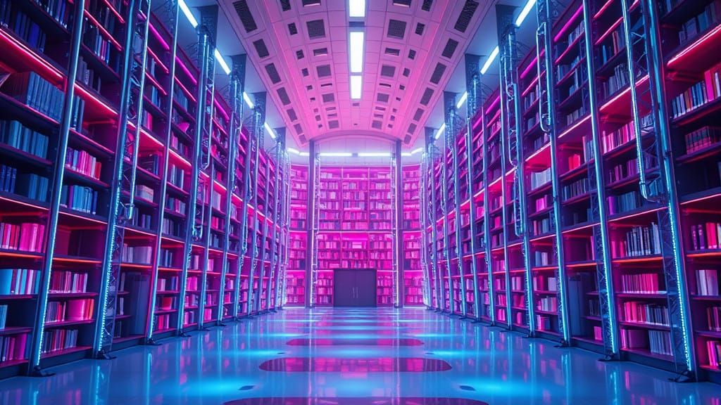 Futuristic Holographic Library in Shimmering Iridescent Hues