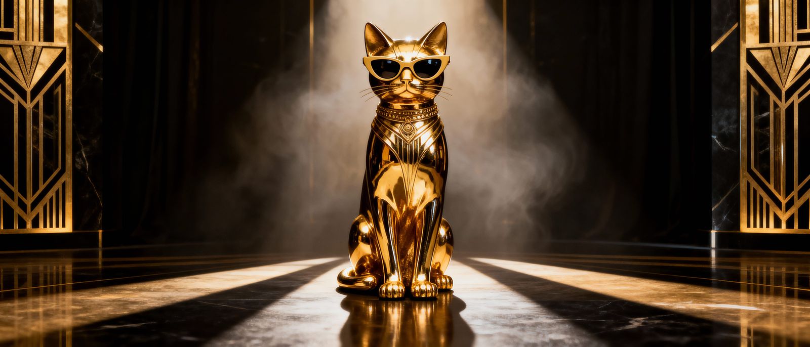 Golden Cat Statue in Hyperrealistic Art Deco Style