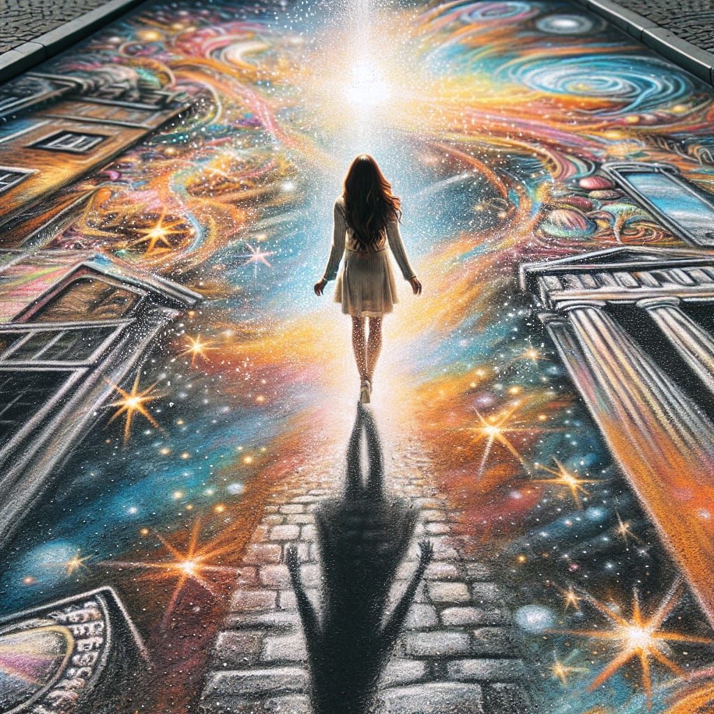 Woman Enters Sidewalk Chalk Art with Glitter