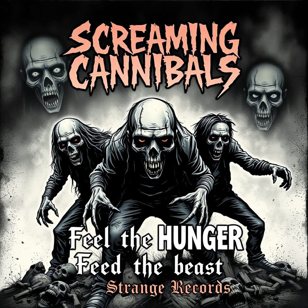 A zombie heavy metal band album cover with heavy metal horro...