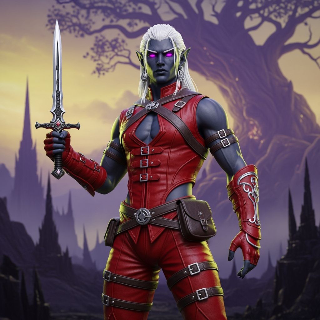 Drow Elf Rogue in Red Leather with Pink Eyes