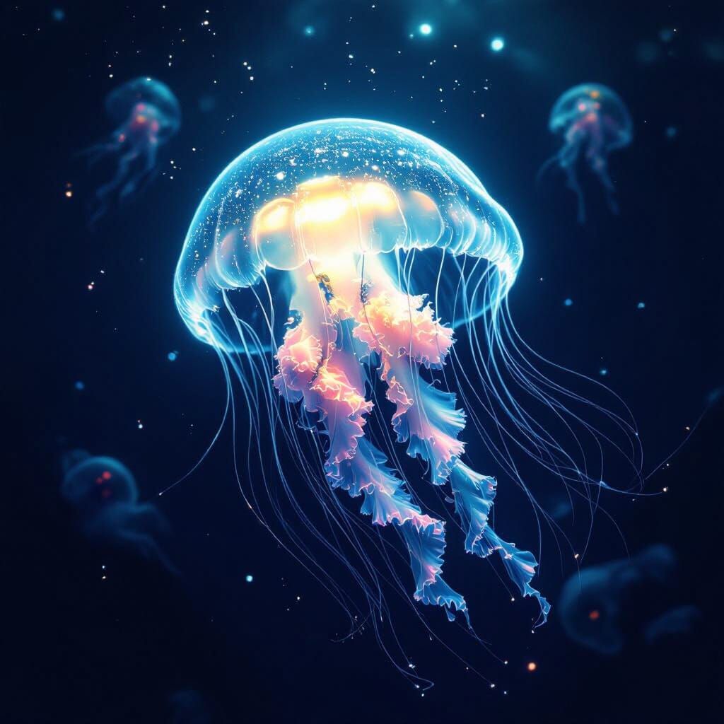 Bioluminescent Jellyfish in Deep Ocean Abyss