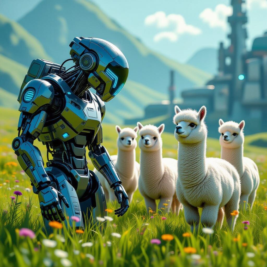 Futuristic Robots Capture Alpacas in Field