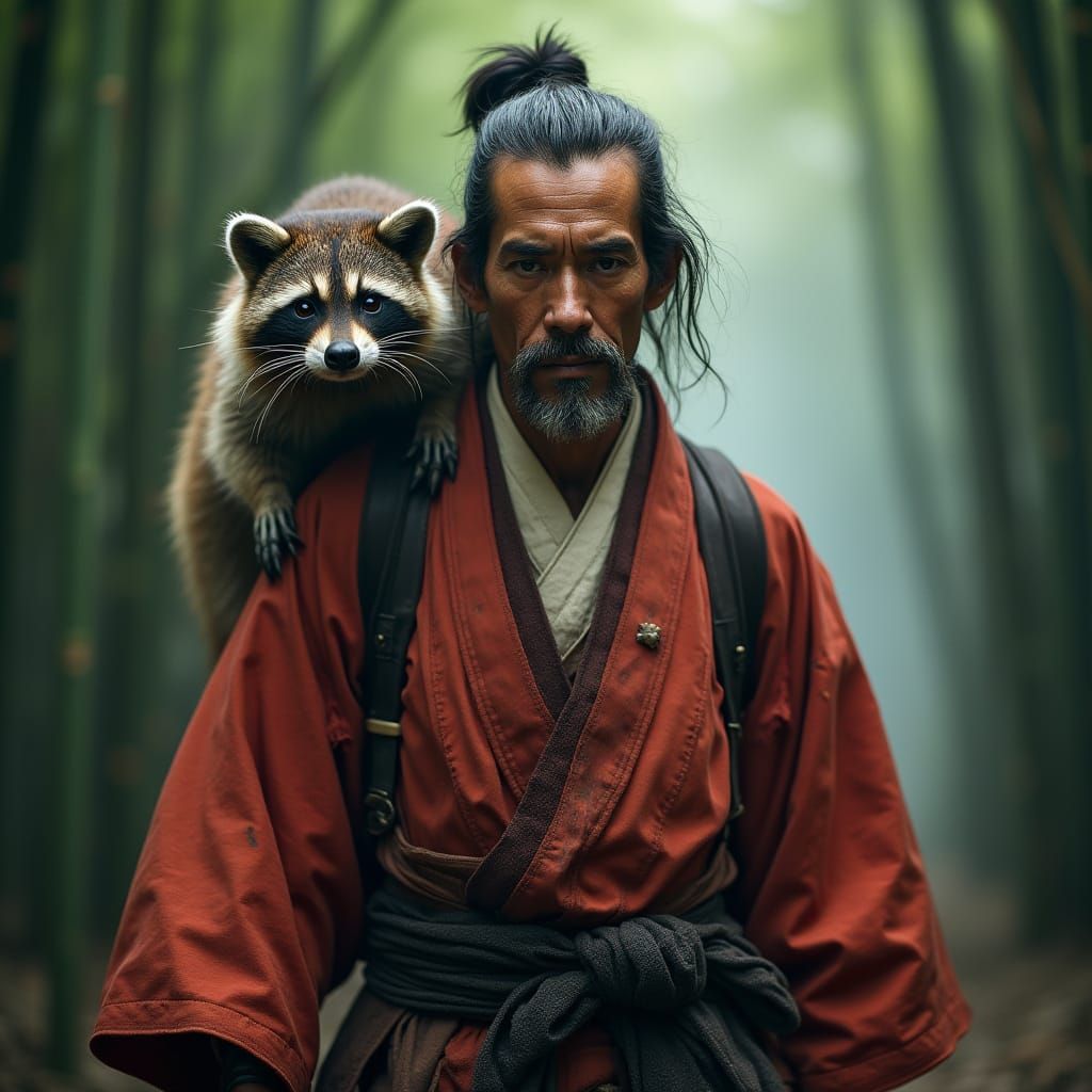 Drunken Ronin with Raccoon in Bamboo Forest