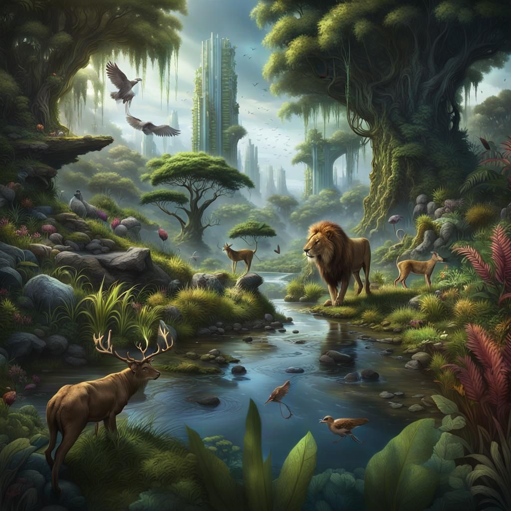 a lion by a jungle stream with deer and other animals, a for...