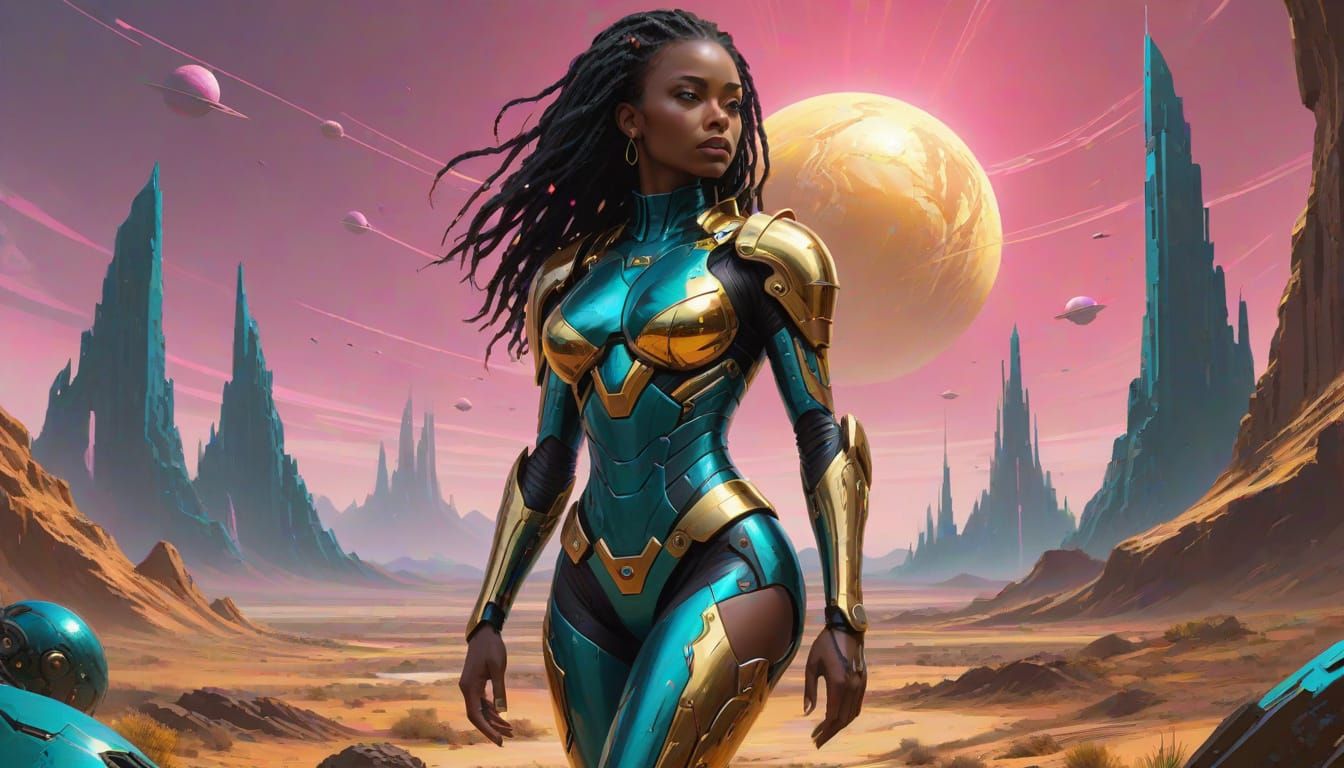 Dark-skinned woman, mid-20s, in a futuristic, teal and metallic bodysuit with intricate armor plating and straps.  The a...