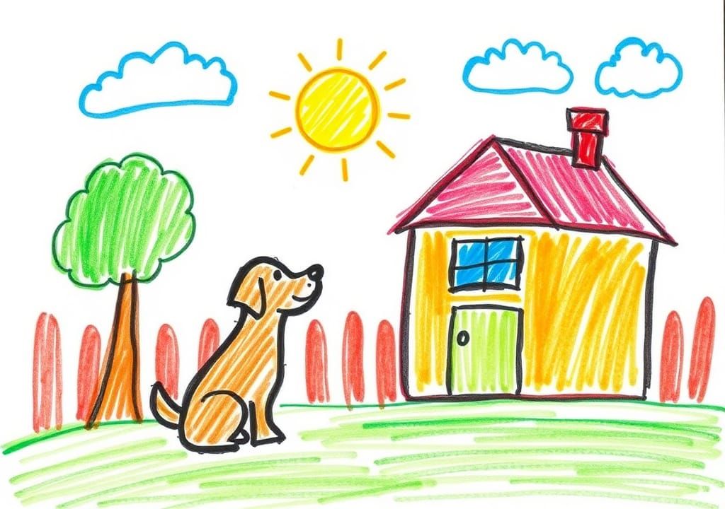 Childlike Crayon Drawing of a Dog Outside