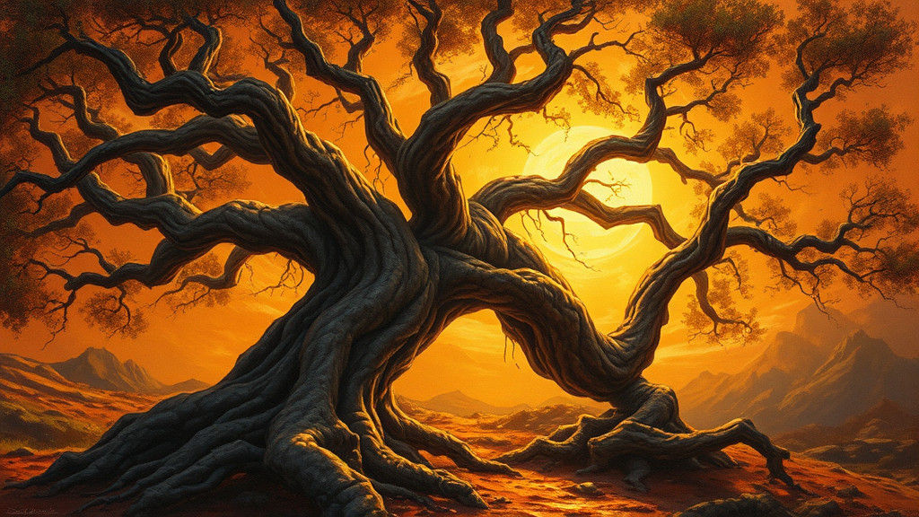 Mystical Tree in Golden Light as Oil Painting