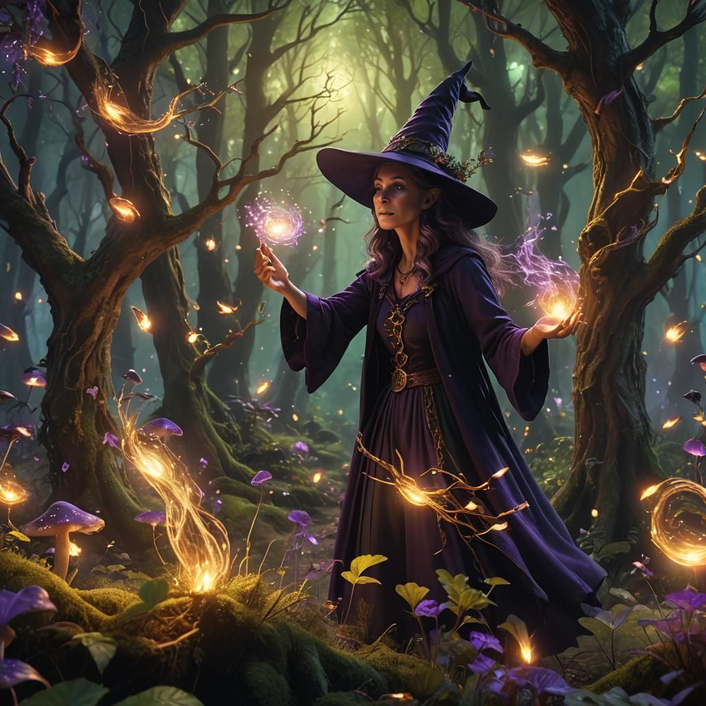 Mystical Witch Casting Spell in Enchanted Forest