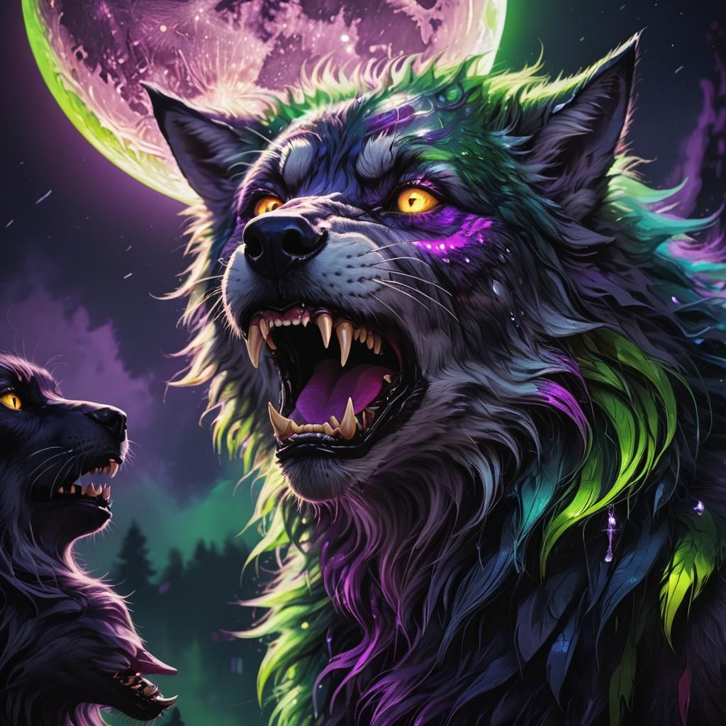 Psychedelic Werewolf Woman Howling at the Moon