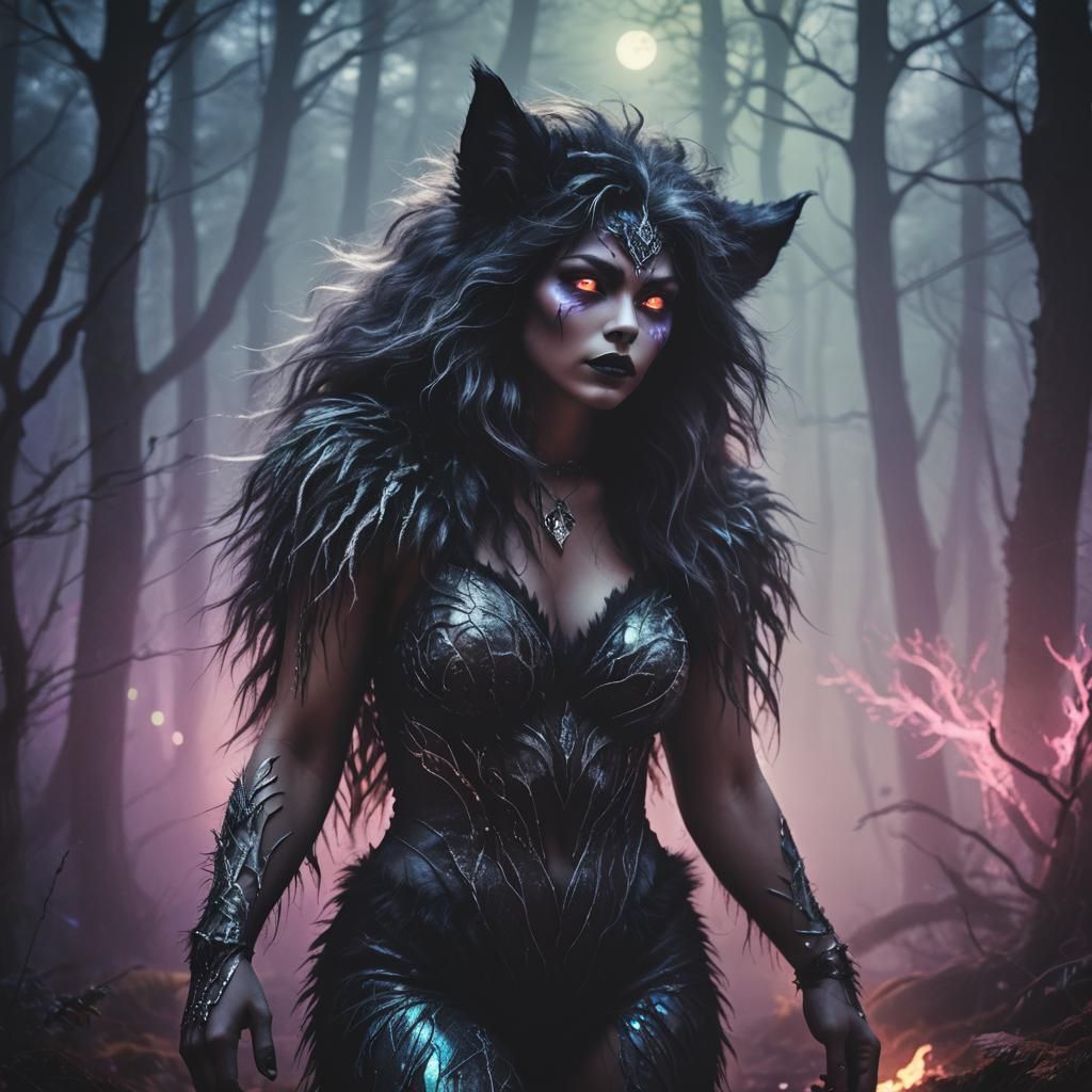 Psychedelic Werewolf Woman in Neon Forest