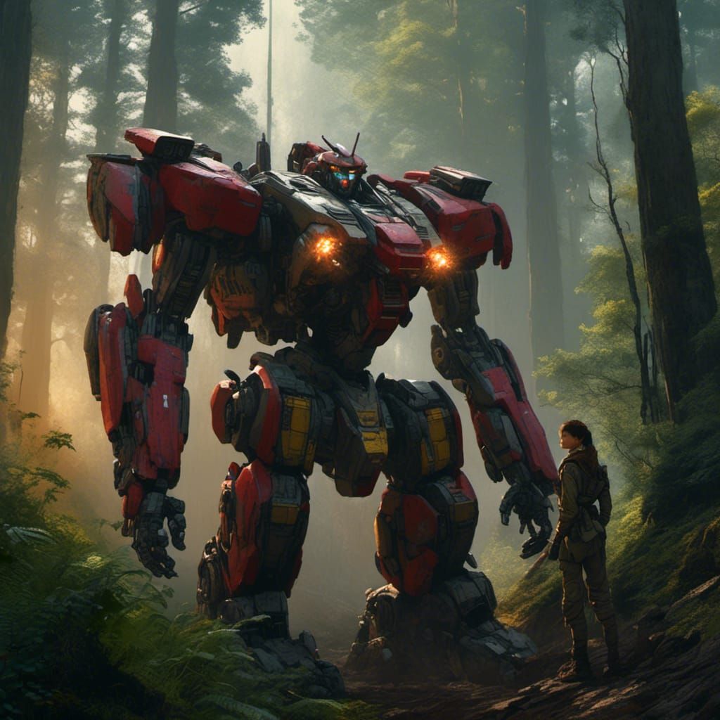Female Transformer in Misty Forest, 80s Film Aesthetic