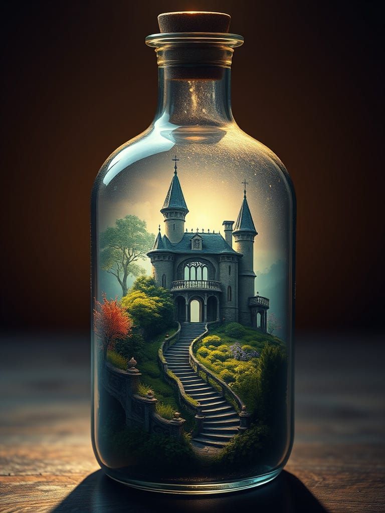 Surreal Miniature Estate in Delicate Glass Bottle