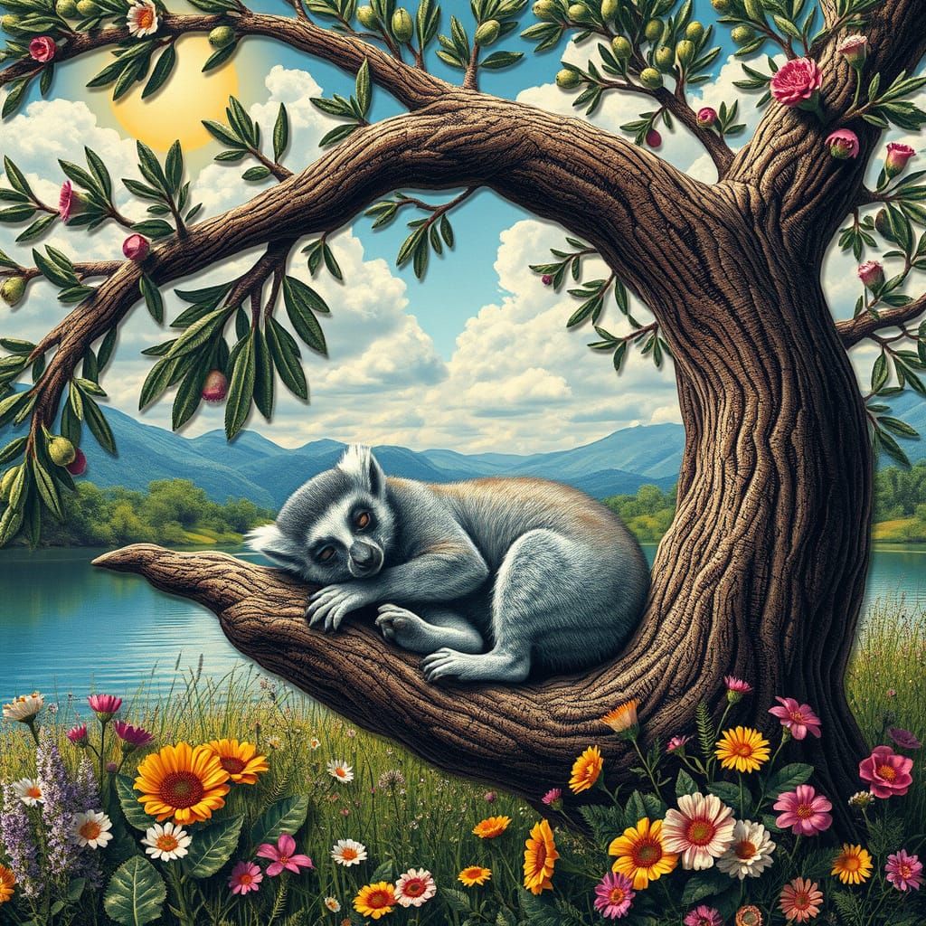 Vibrant Lemur Made of Stamps in Surreal Landscape