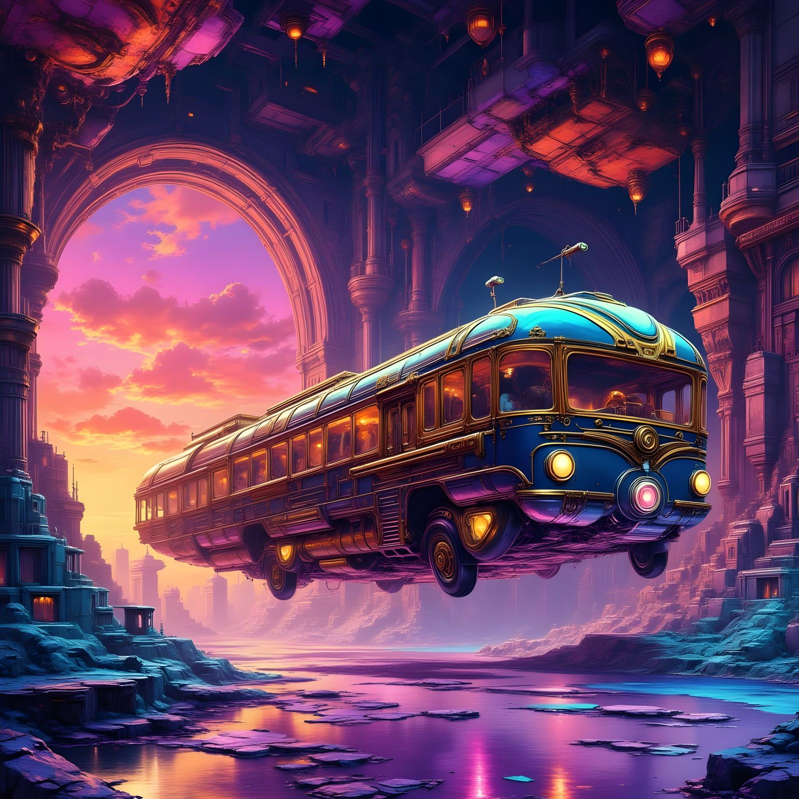 Retro Rocket Bus Launches from Surreal Planet