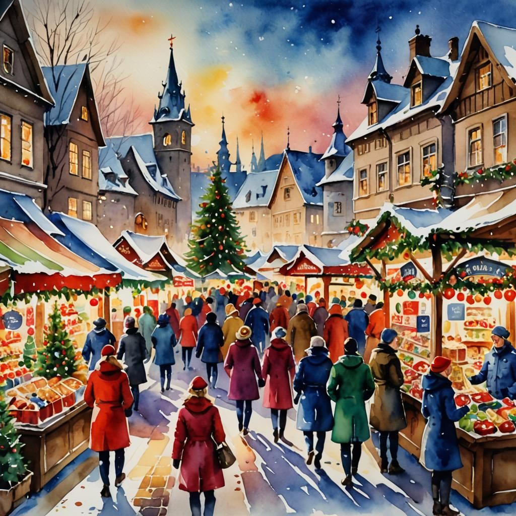 Whimsical Christmas Fair in Vibrant Watercolor