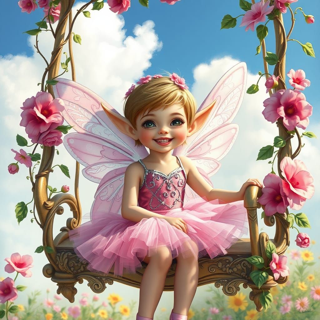 Whimsical Elf Girl on Swing in Faerie Art Style