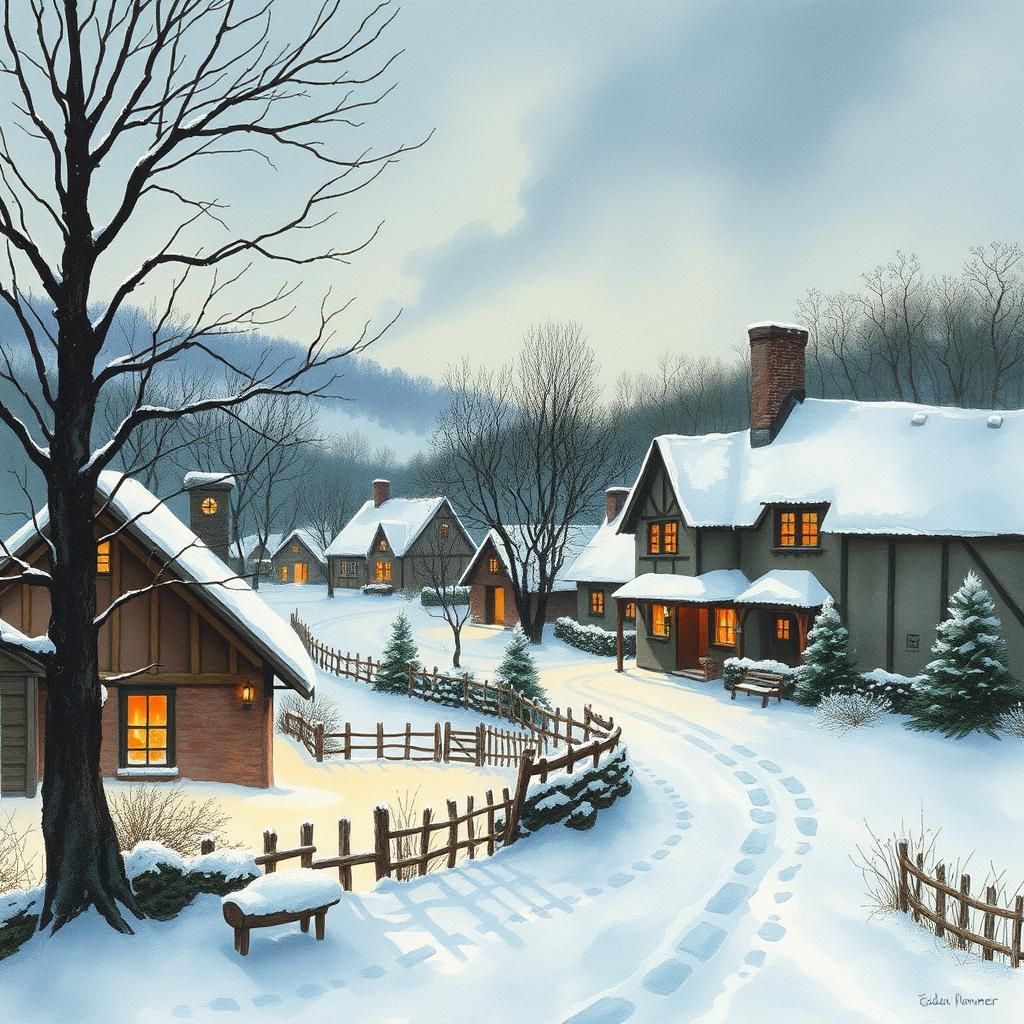 Snowy Country Village in Watercolor Illustration