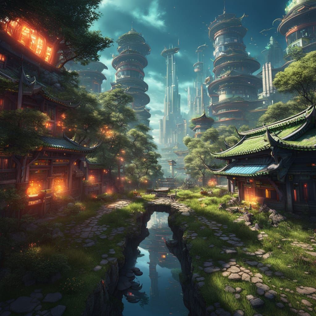 Fantastical Solarpunk Cityscape on a Vibrant Grass Ground