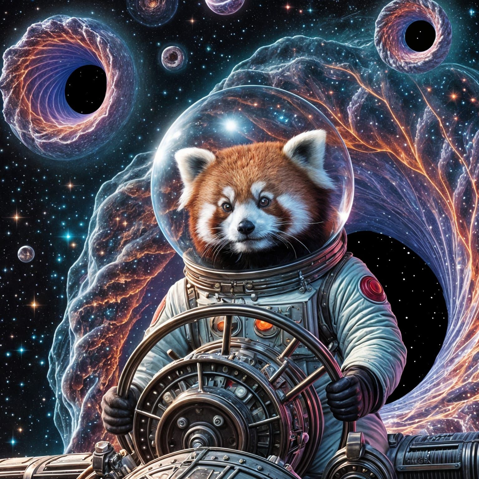 Red Panda Pilots Spaceship Through Cherry Blossom Wormholes