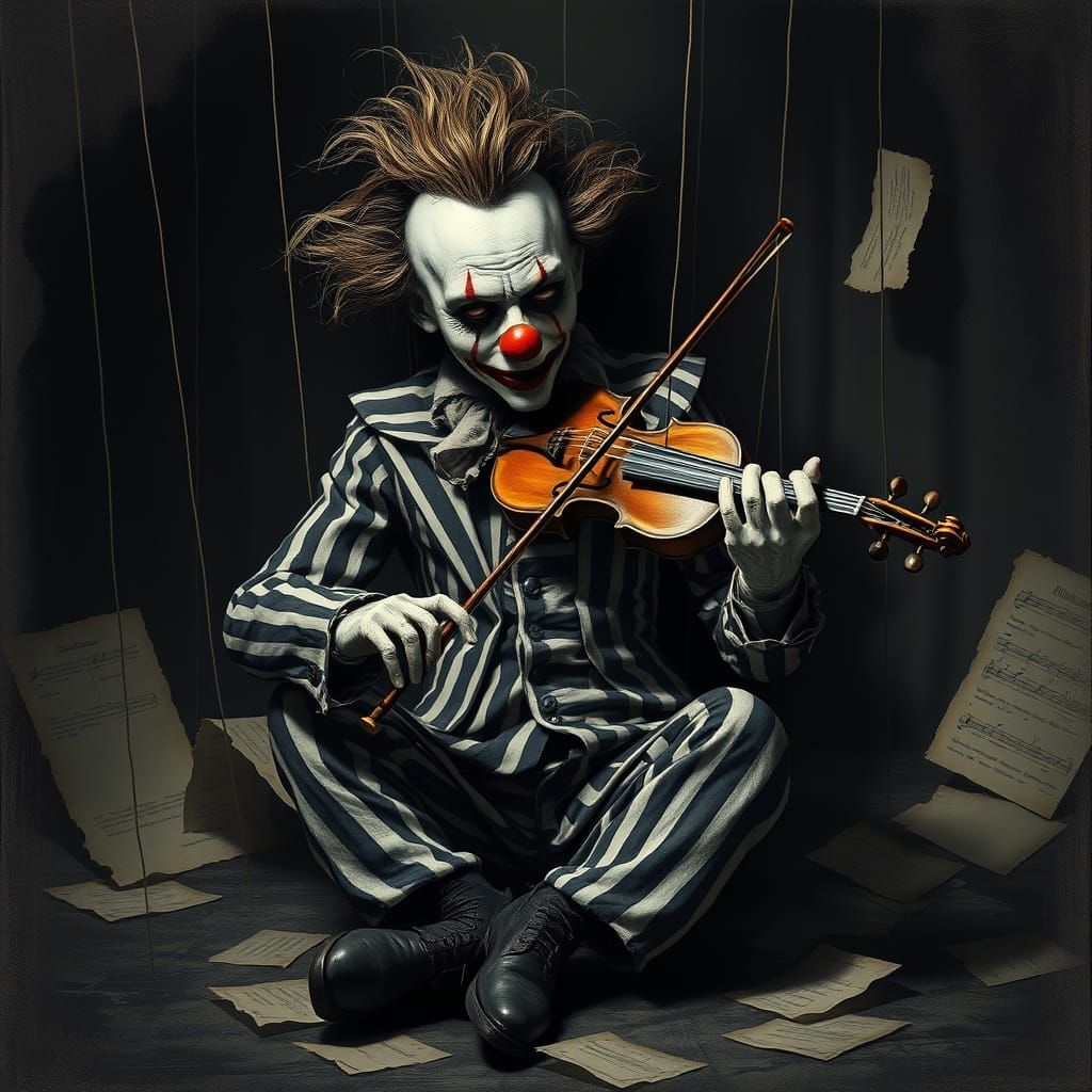 Dark gothic clown, playing violin,