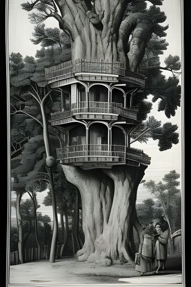 Etching of a treehouse