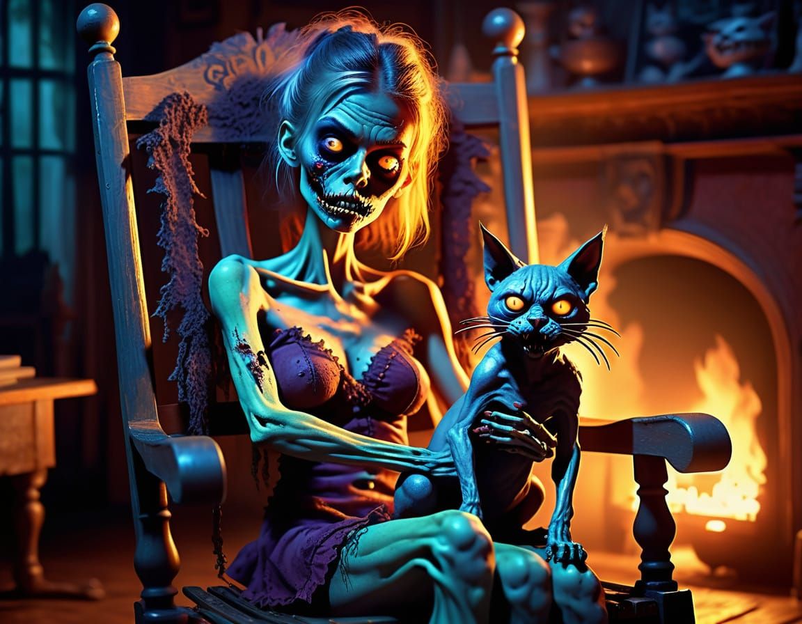 Psychedelic Zombie Creature with Cat in Dark Horror Style