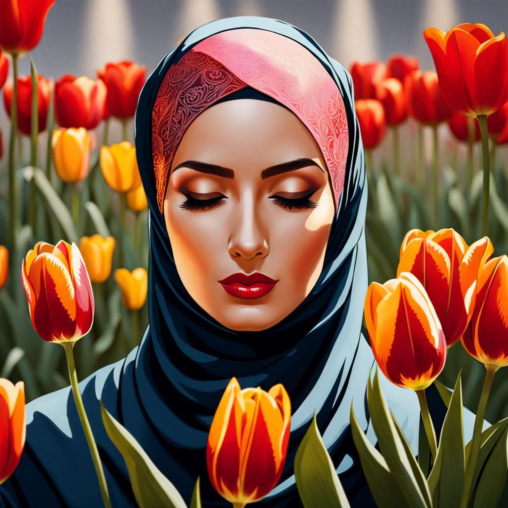 Beautiful Hijabi Woman Surrounded by Tulips