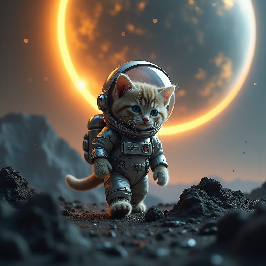 A irresistibly adorable kitten in a miniature, silver space ...