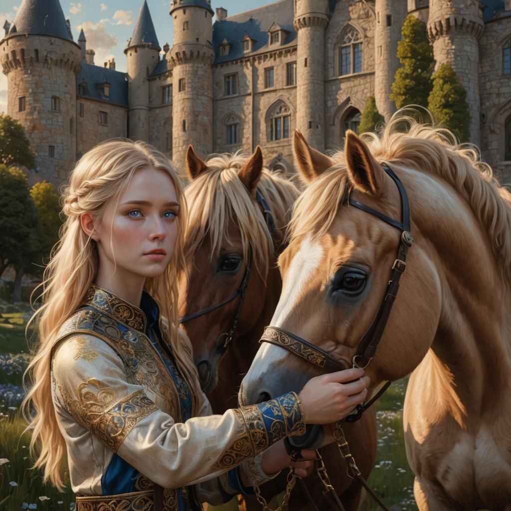 Girl with Pony in Irish Landscape, Klimt Style