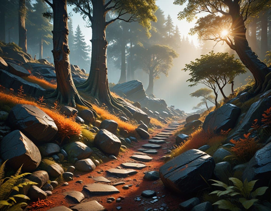 Majestic Sunset Forest Path in Fantasy Concept Art