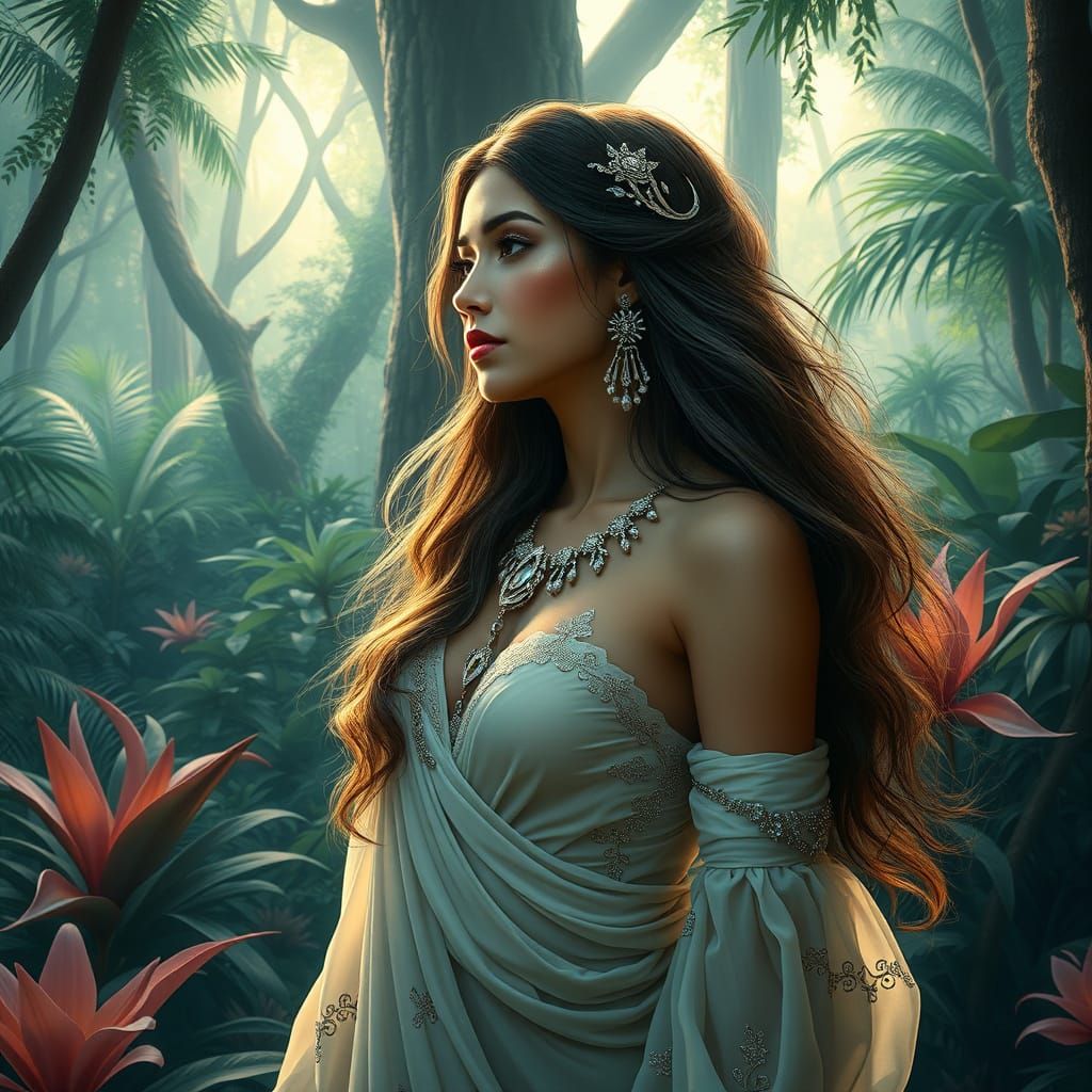 Woman in Rainforest: Dreamy Ghibli-Inspired Art Nouveau