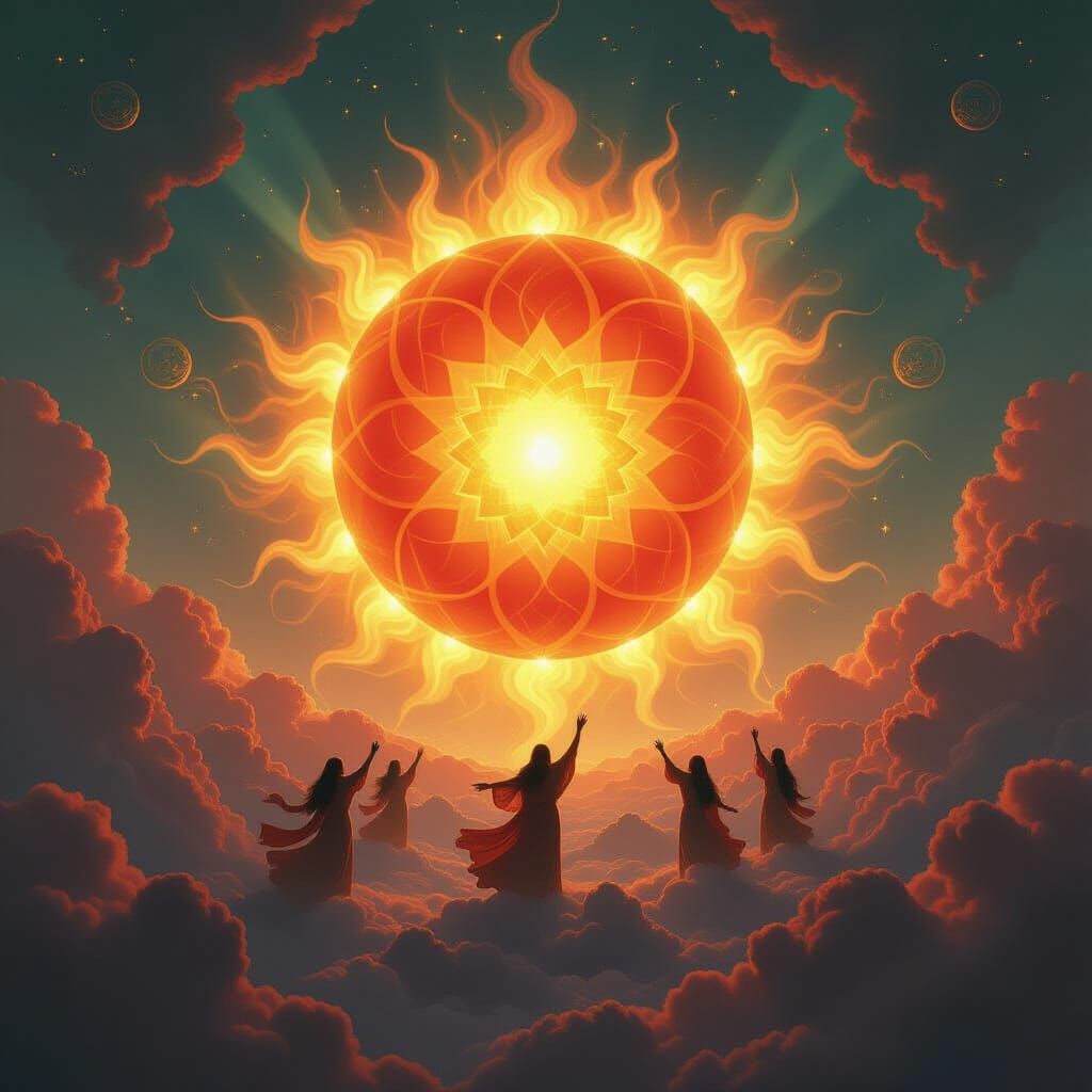 Cosmic Dawn: Divine Sun Rises in Surreal Spiritual Landscape