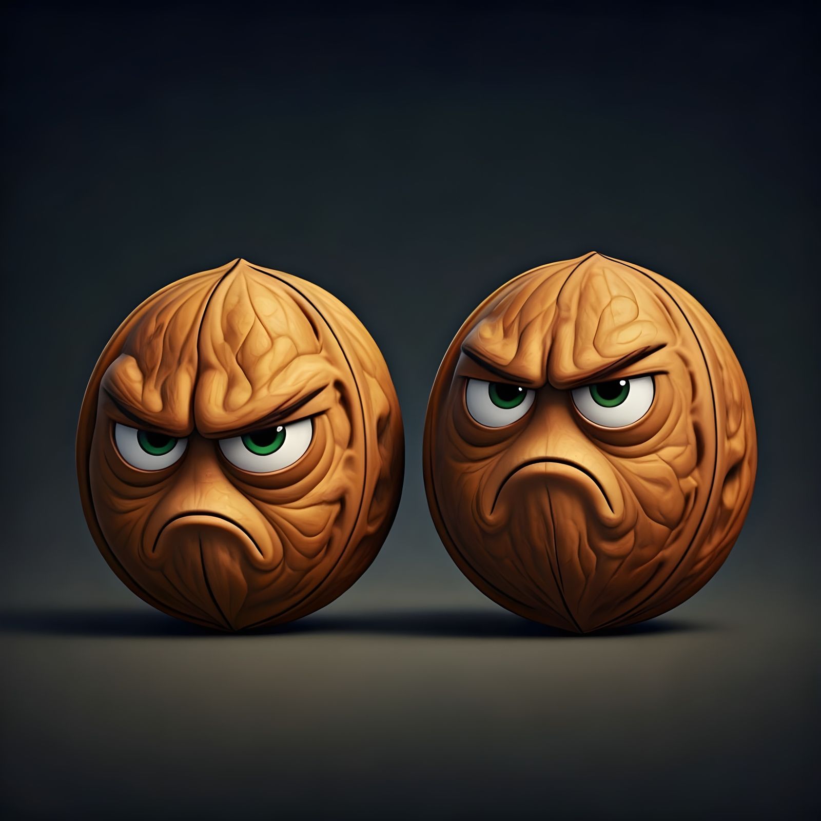 Grumpy Walnuts in a Quirky Pixar Style