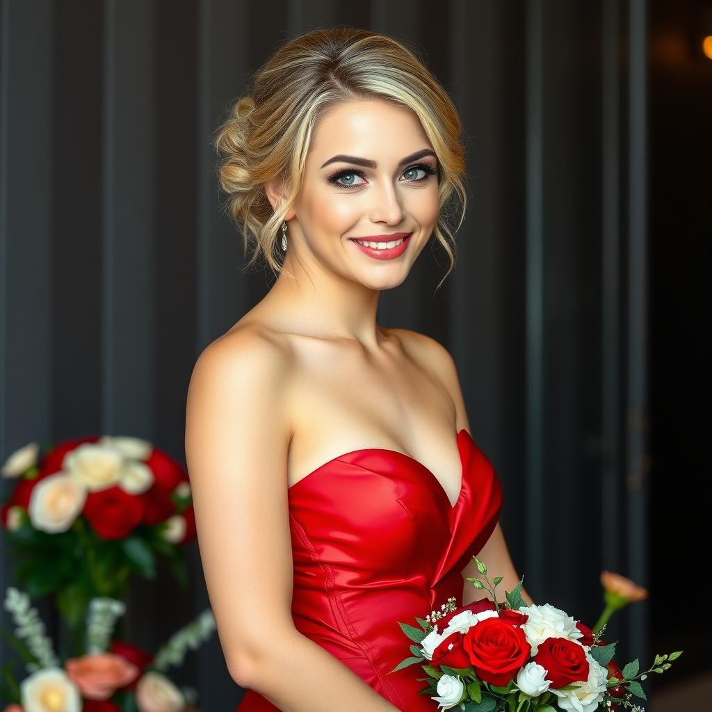 Blonde Woman in Red Latex Wedding Dress