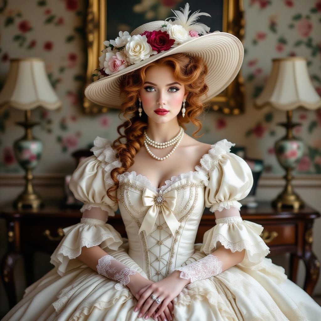 Victorian  beauty with fiery curls in a wide-brimmed floral ...