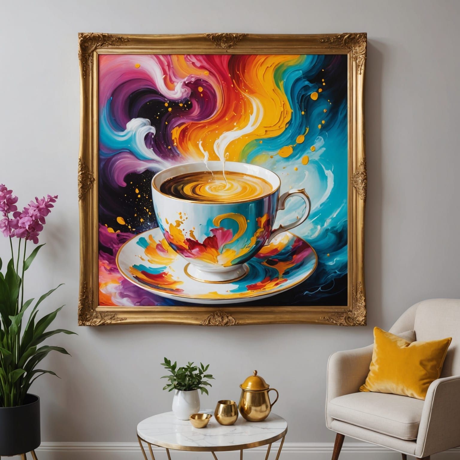 Radiant 3D Teacup Emerges from Golden Painting