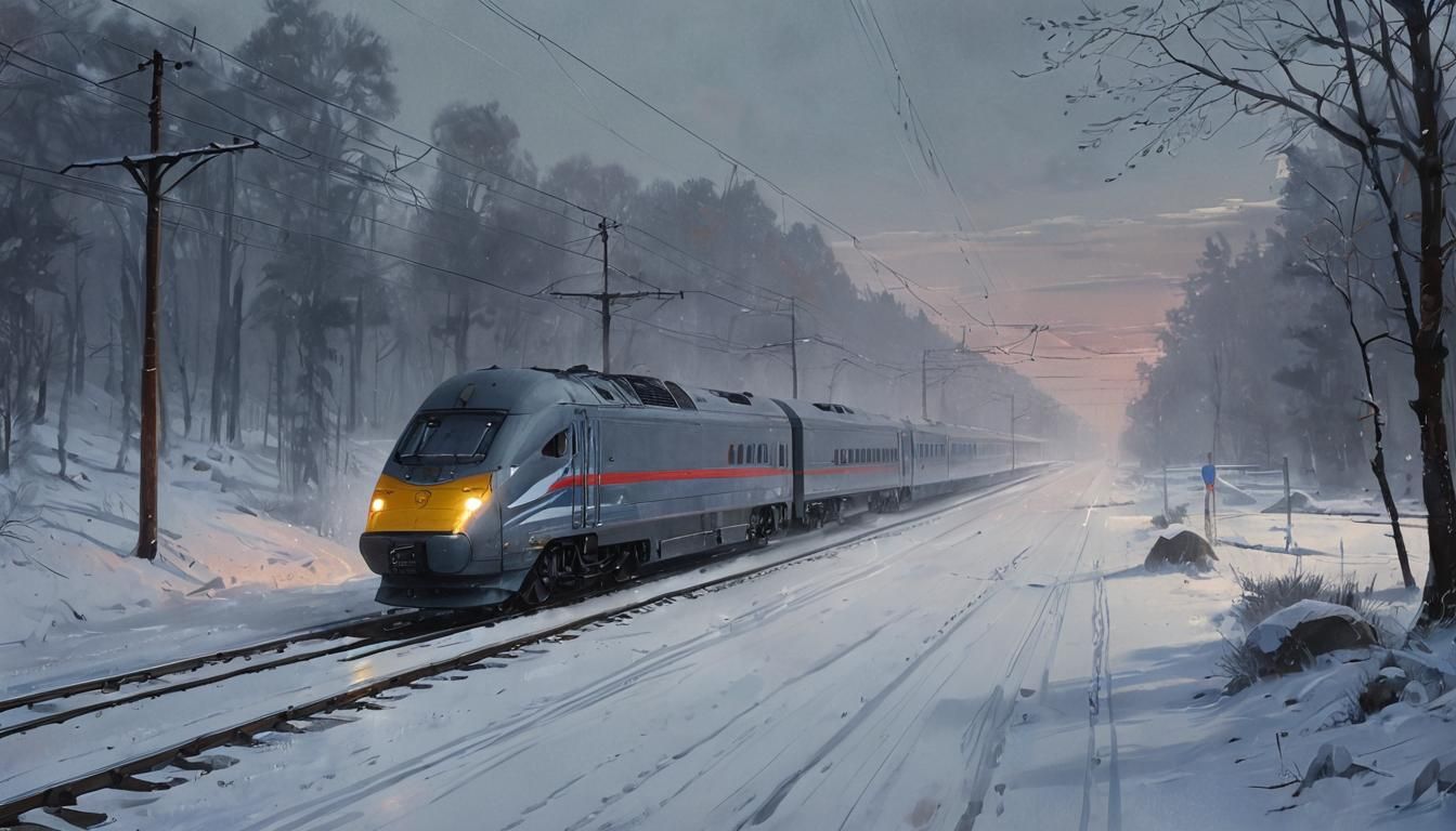 High-Speed Train in Winter Storm: Watercolour Landscape