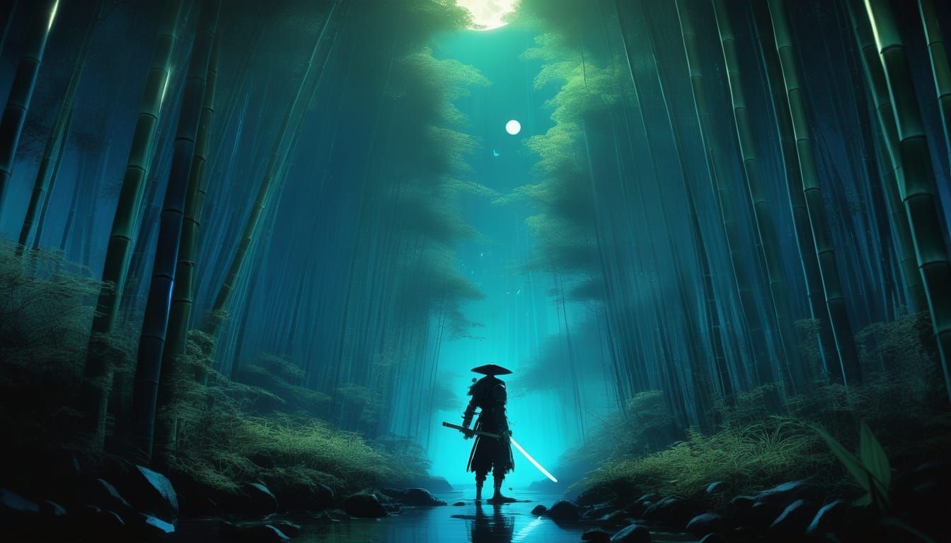 Ethereal Samurai Warrior in Bioluminescent Bamboo Forest