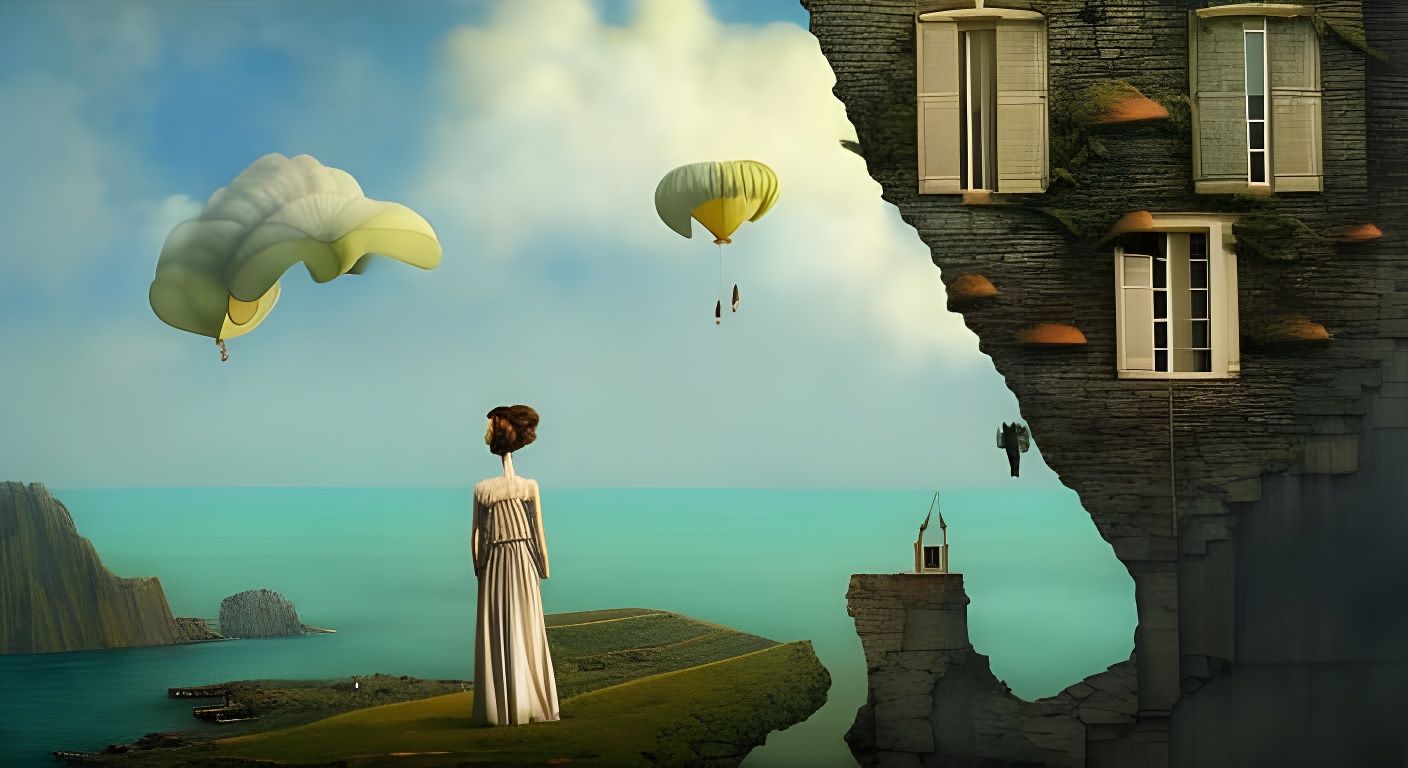 Surreal Giant Women Floating Above Cliffside House