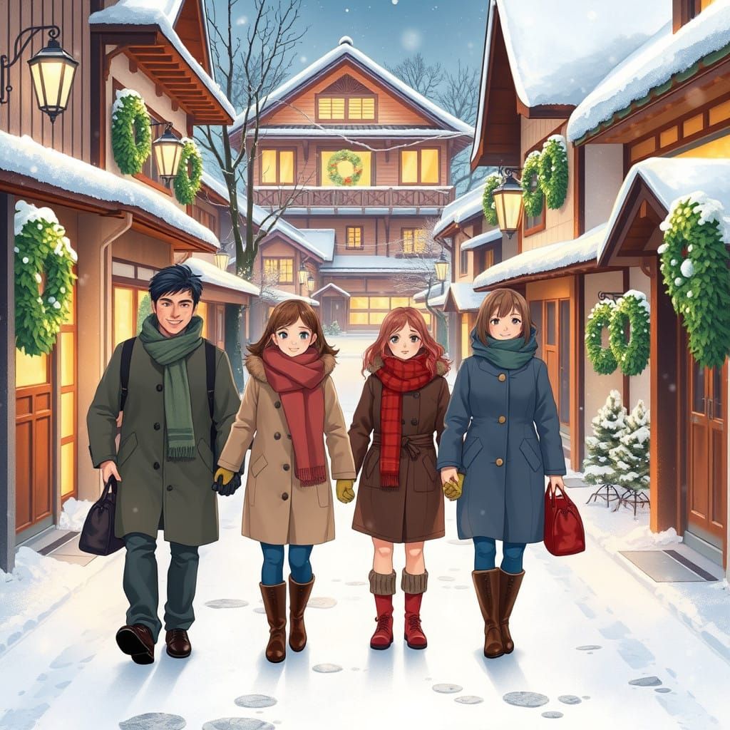 Family Strolls Through Snowy Japanese Village Street with Ho...
