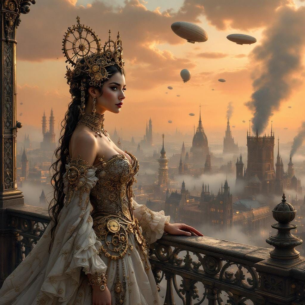 Steampunk Queen Overlooks Victorian City in Hyperrealistic S...