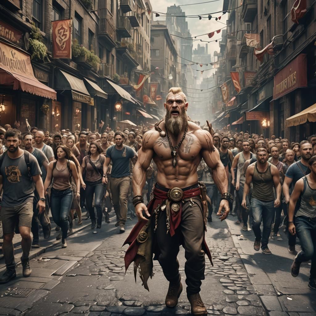 Techno Viking in Crowded Street: Fantasy Concept Art