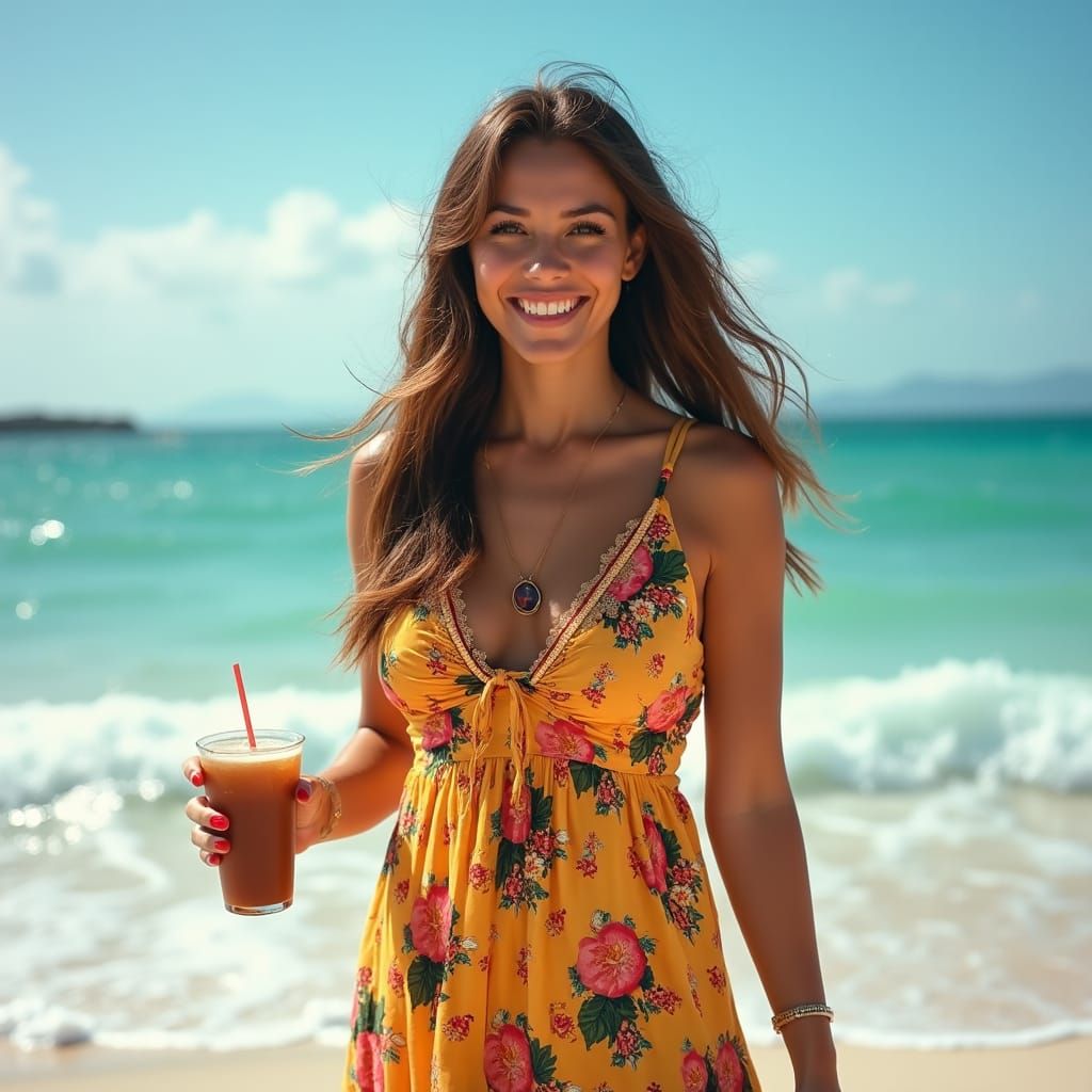 Radiant Woman on Beach with Soda