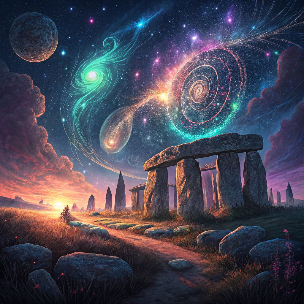 Mystical Stonehenge at Dawn in Holographic Illustration